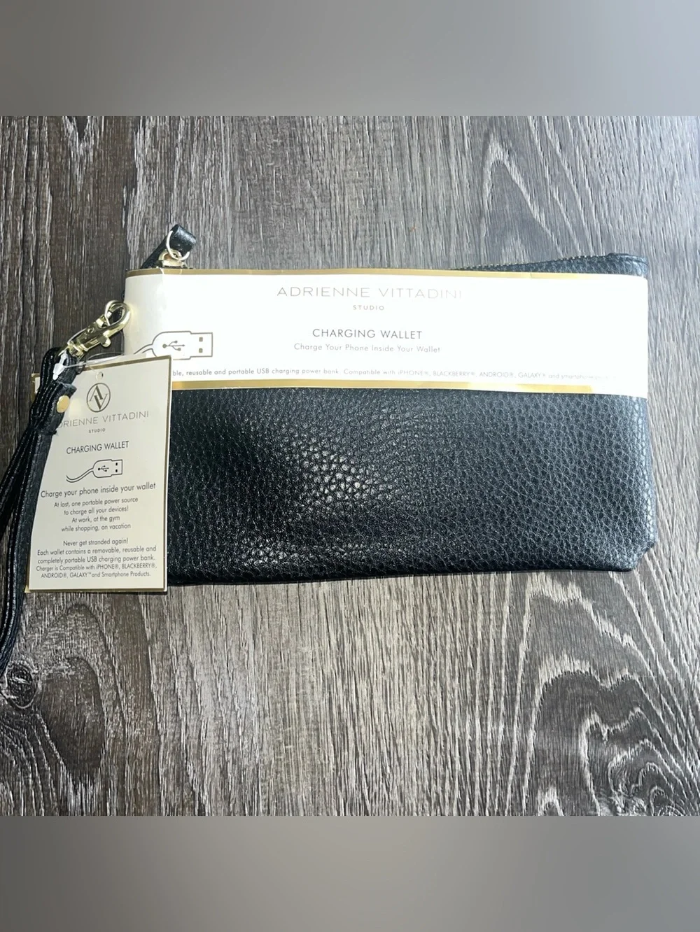 Adrienne Vittadini Black Pebbled Charging Wristlet